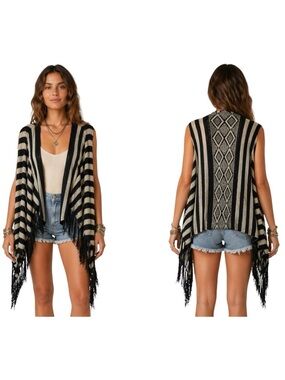 Gaudi' Black & Cream Striped Fringe Open-Front‎ Boho Poncho Vest